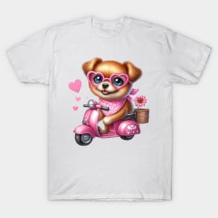 Valentine Dog In Pink Scooter T-Shirt